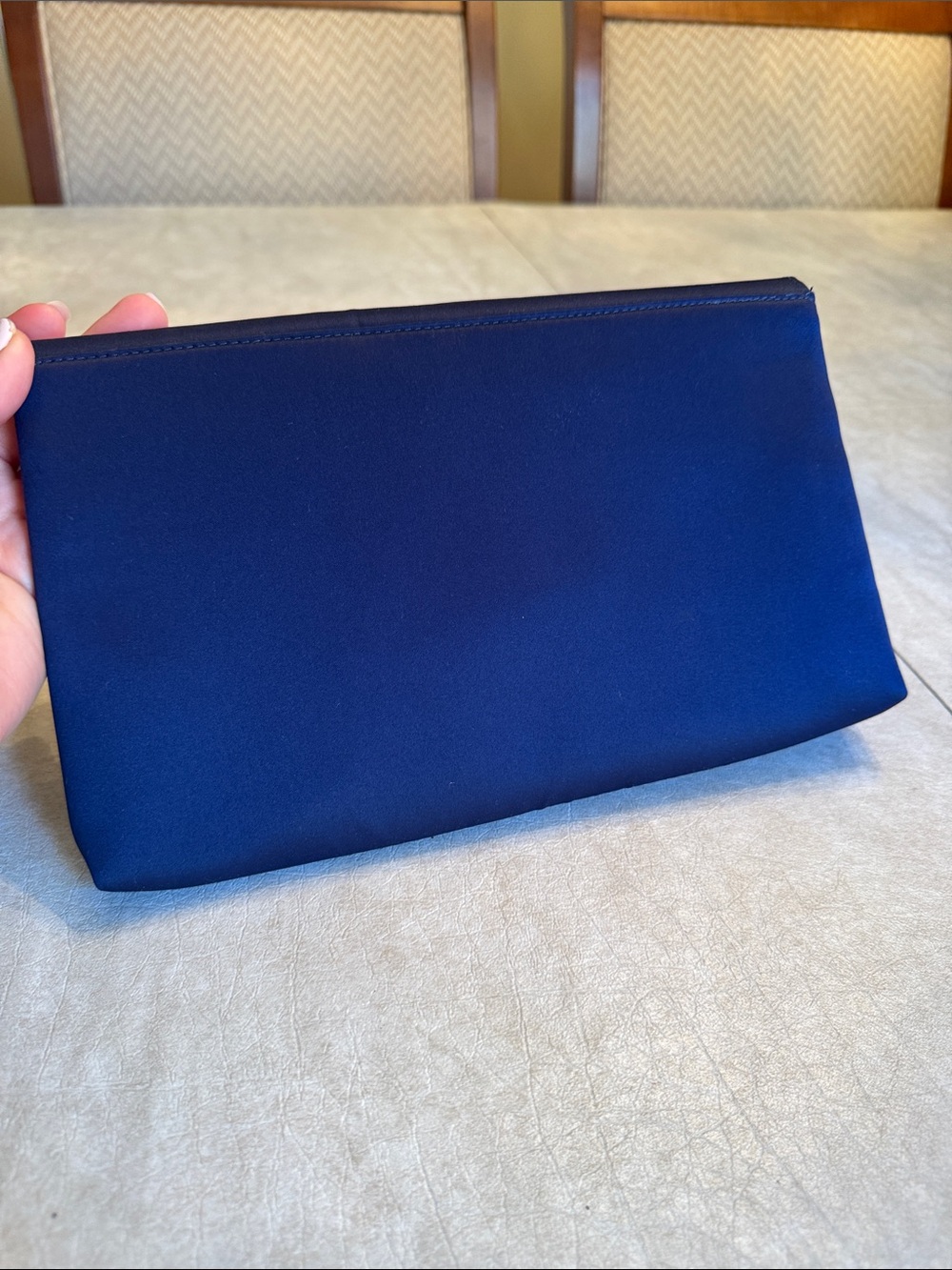 La Regale Navy Satin Envelope Clutch with Crystal Bow Accent - Picture 3 of 9